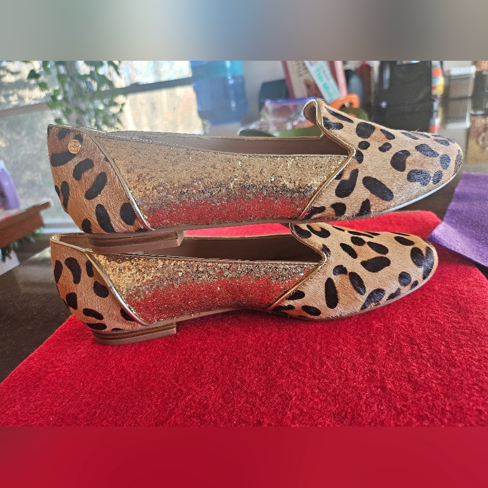 IMAN Cheetah Calf Hair and Gold Glitter Loafers Sz 7.5